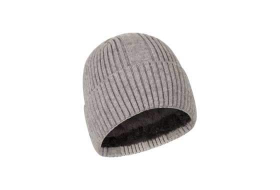 Fur Lined Mens Ribbed Thermal Beanie - Grey