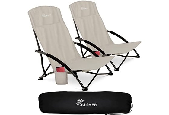 SUNMER Set of 2 Folding Beach Chair with Side Pocket & Carry