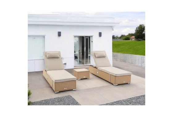 Rattan Sun Lounger Set in Willow - 2 Loungers, 1 Table - Mia