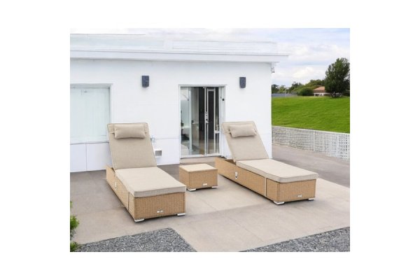 Rattan Sun Lounger Set in Willow - 2 Loungers, 1 Table - Mia