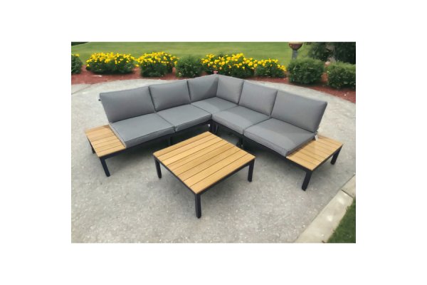 Aluminium & Teak 4 Dining Set with Fire Pit - Sequoyah - Rat